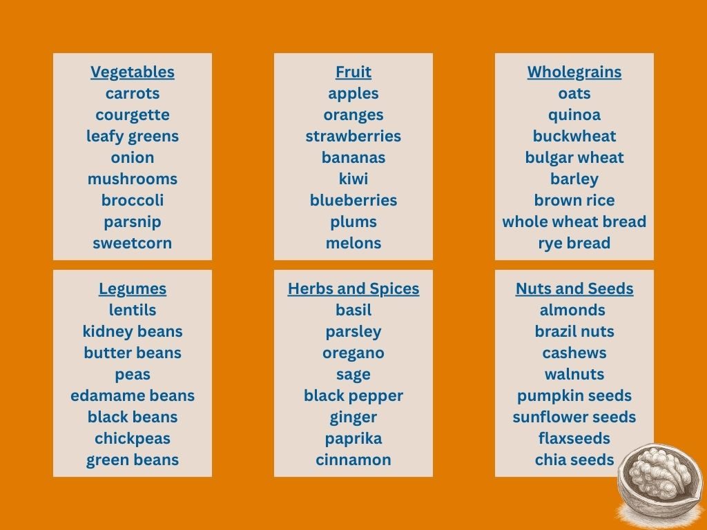 infographic the super six categories that count towards 30 plants a week. Fruit, vegetables, wholegrains, legumes, herbs and spices, nuts and seeds.